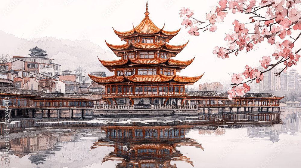 Obraz premium Watercolor Painting of a Chinese Pagoda on a Calm Lake with Cherry Blossoms