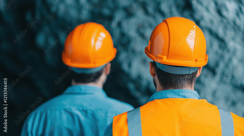 Engineers wearing orange hard hats and safety vests, observing subterranean energy hub, showcasing teamwork and safety in mining environment Engineers wearing orange hard hats and safety vests, observing subterranean energy hub, showcasing teamwork and safety in mining environment