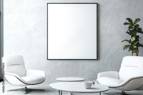 Clean and modern interior featuring a blank frame on light grey wall and white furniture.