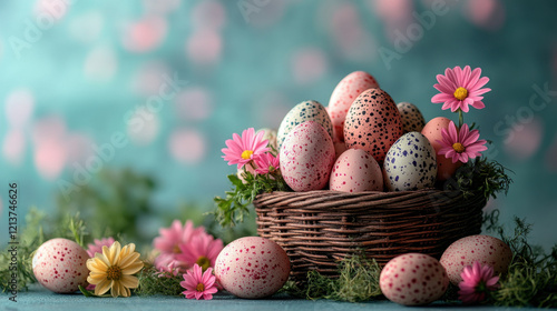 Colorful Easter eggs in basket surrounded by flowers and greenery create festive atmosphere. This vibrant scene captures joy of holiday