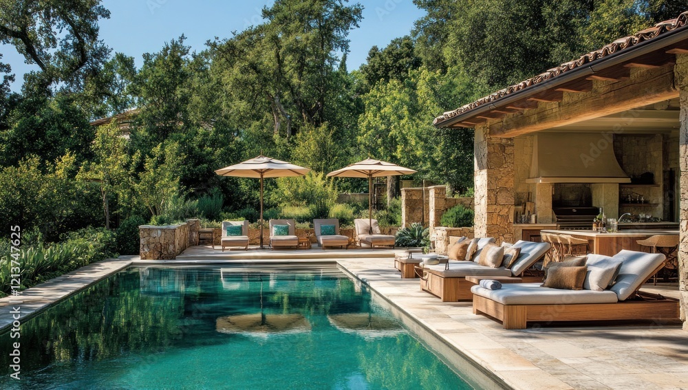 Fototapeta premium Luxury Backyard Oasis: Stunning Poolside Relaxation