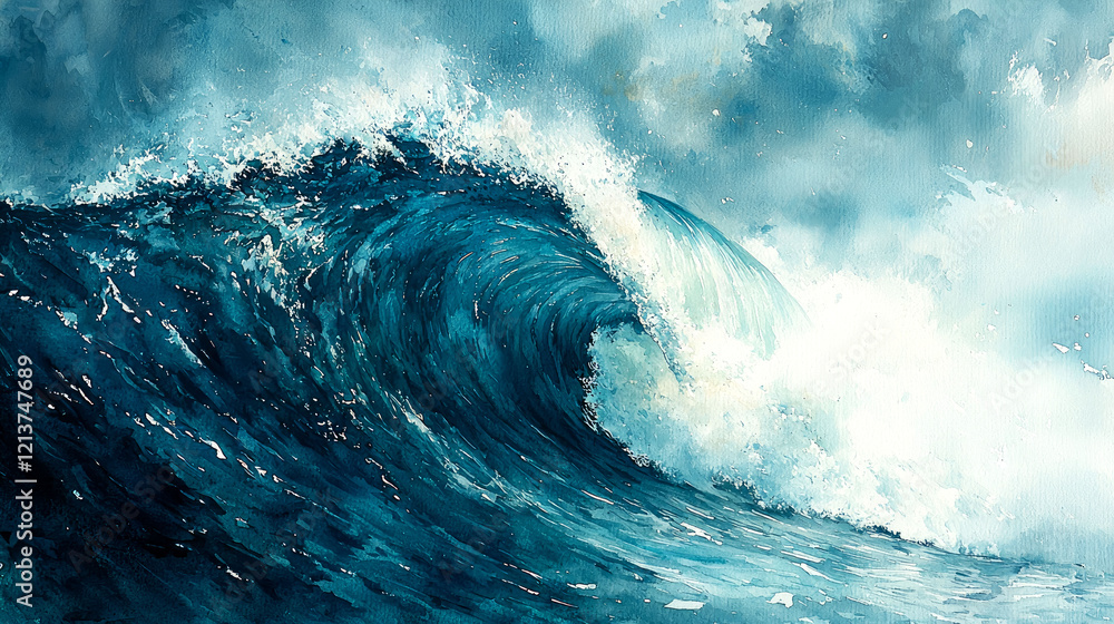 Obraz premium Majestic Ocean Wave: A Watercolor Painting of Nature's Power