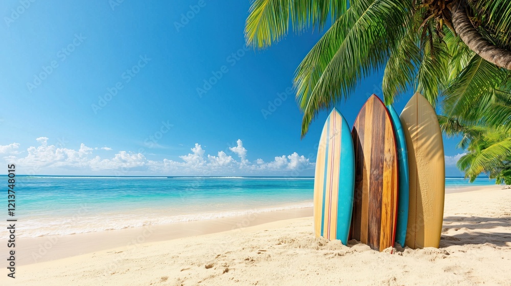 Three vibrant surfboards stand on the sandy beach, surrounded by lush palm trees. bright blue sky and tranquil ocean create a perfect tropical setting for water sports and relaxation Three vibrant surfboards stand on the sandy beach, surrounded by lush palm trees. bright blue sky and tranquil ocean create a perfect tropical setting for water sports and relaxation