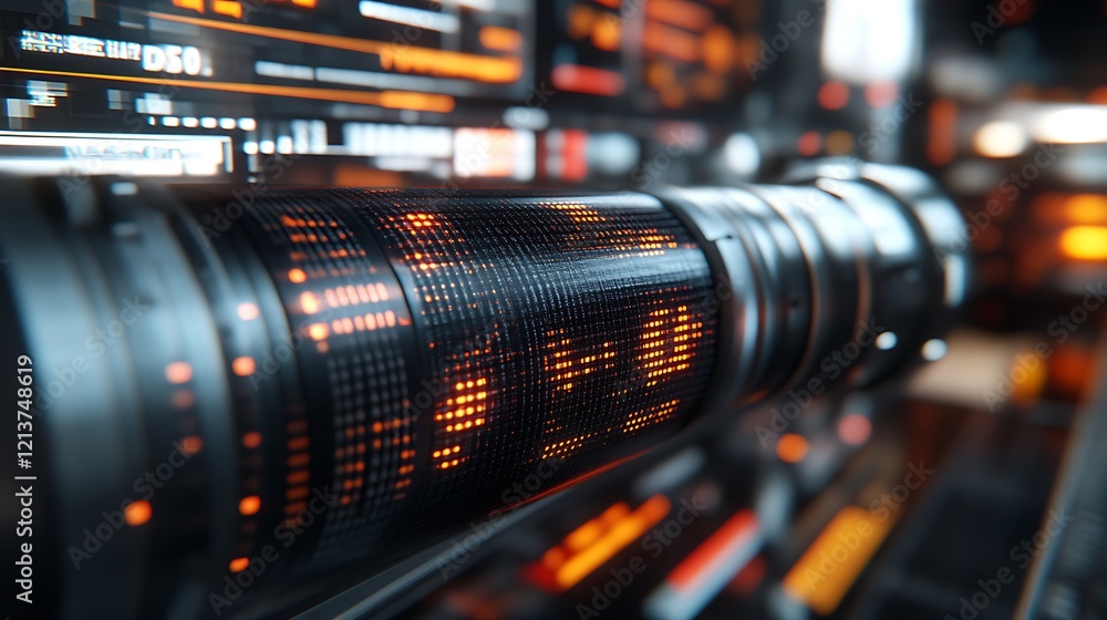 Futuristic digital cylinder displays glowing data streams Futuristic digital cylinder displays glowing data streams