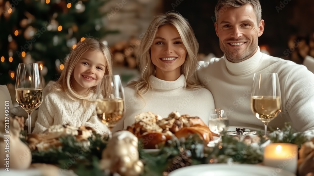 family of three enjoys a cheerful holiday dinner, surrounded by delicious food and a warm ambiance family of three enjoys a cheerful holiday dinner, surrounded by delicious food and a warm ambiance