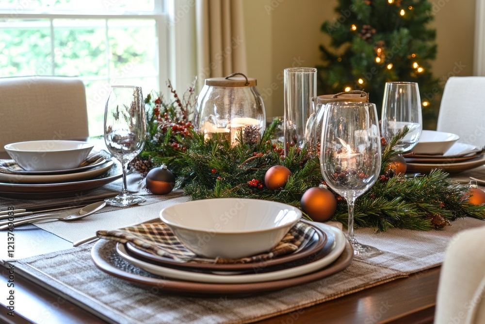 Fototapeta premium Festive Christmas dining table setting, home interior, winter