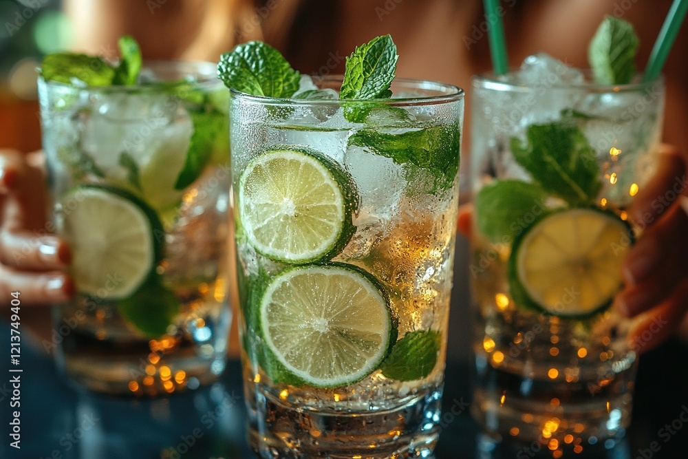 Mojitos with mint, lime, and ice on bar with lights in background Mojitos with mint, lime, and ice on bar with lights in background