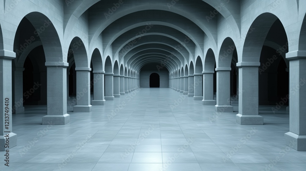Obraz premium long corridor features tall stone arches lining both sides, illuminated by soft light