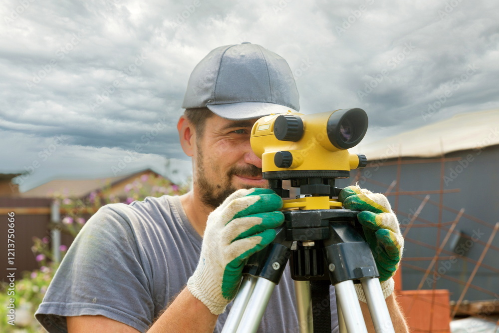 Obraz premium young man working as a geodetic leveler during construction of a new private house on a sunny summer day