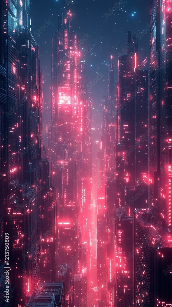 Obraz premium Neon cityscape at night, aerial view, digital art