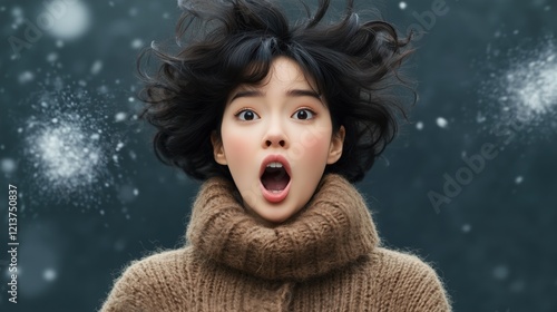 young woman with wild hair opens her mouth in surprise while snowflakes fall around her. She wears a thick sweater, capturing the joy of a snowy day in a serene winter setting photo