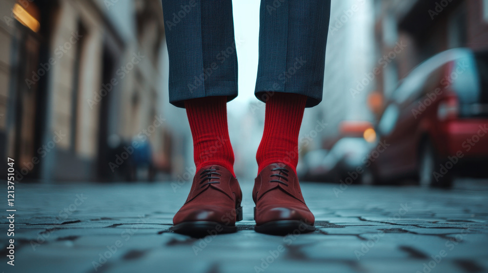 Red socks on man feet in business suit, standing on cobblestone street, showcasing stylish contrast with brown shoes. urban backdrop adds to modern vibe