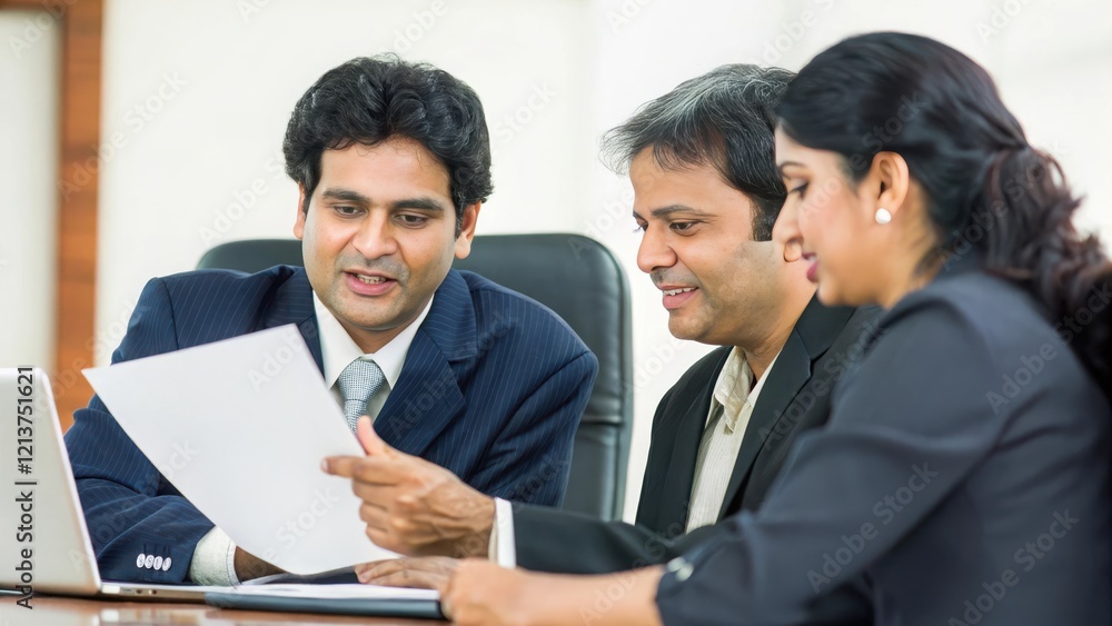Indian Team Discussing Office Strategy - A group of Indian professionals collaborating on business strategies around a conference table.
Indian Team Discussing Office Strategy - A group of Indian professionals collaborating on business strategies around a conference table.