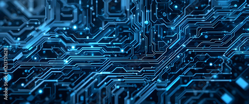 Abstract Blue Circuit Board Technology Background with Glowing Connections