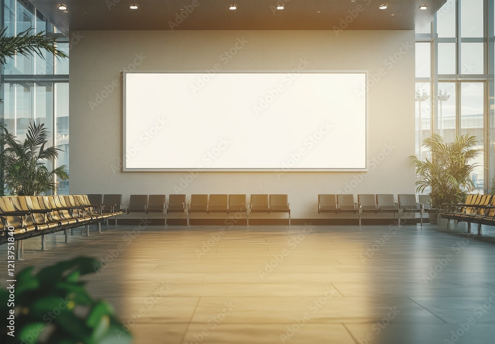Spacious and Modern Airport Waiting Area with Empty Seats and Blank Advertising Screen Surrounded by Green Plants and Natural Light Streaming In Spacious and Modern Airport Waiting Area with Empty Seats and Blank Advertising Screen Surrounded by Green Plants and Natural Light Streaming In