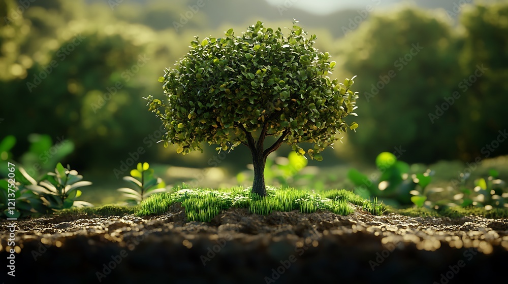 A tree emerging from the ground surrounded by fresh green plants and nature A tree emerging from the ground surrounded by fresh green plants and nature