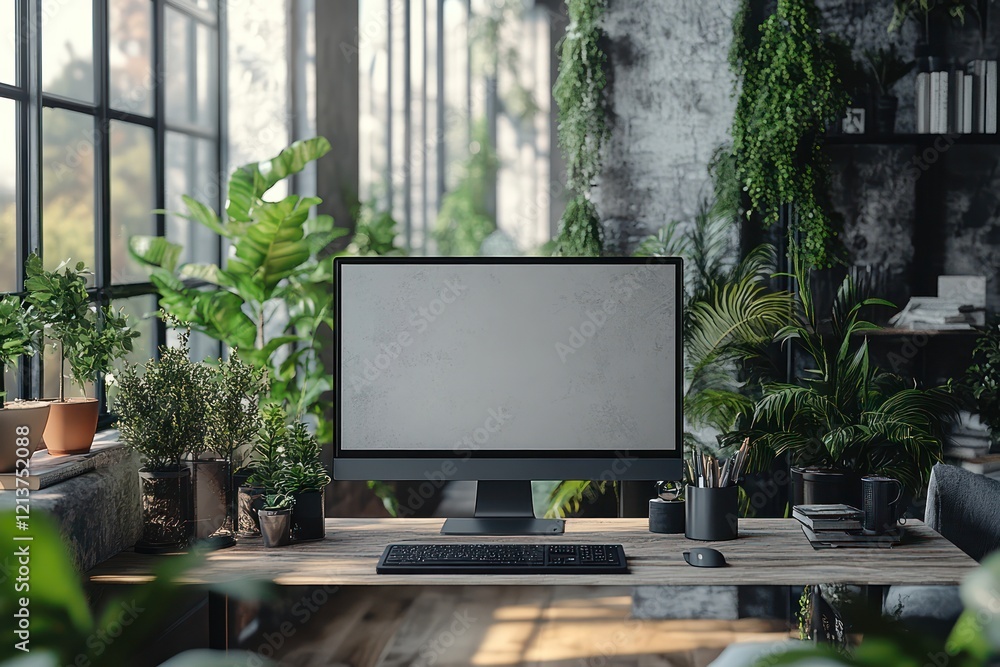 Serene Urban Jungle Workspace: Modern Minimalist Home Office Decor with Lush Greenery and Blank Computer Screen Serene Urban Jungle Workspace: Modern Minimalist Home Office Decor with Lush Greenery and Blank Computer Screen