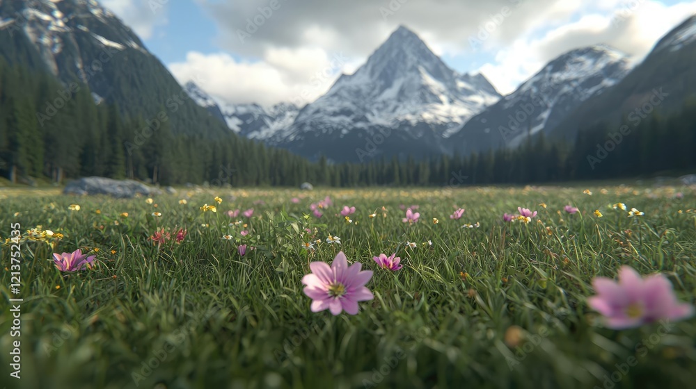 Fototapeta premium Mountain meadow wildflowers scenic landscape travel poster