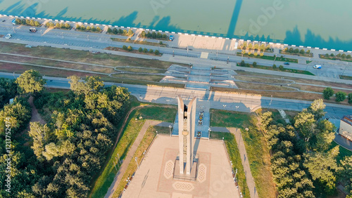 Russia, Izhevsk - September 24, 2022: Monument of friendship forever with Russia in honor of the 400th anniversary of the voluntary annexation of Udmurtia to Russia, Aerial View photo