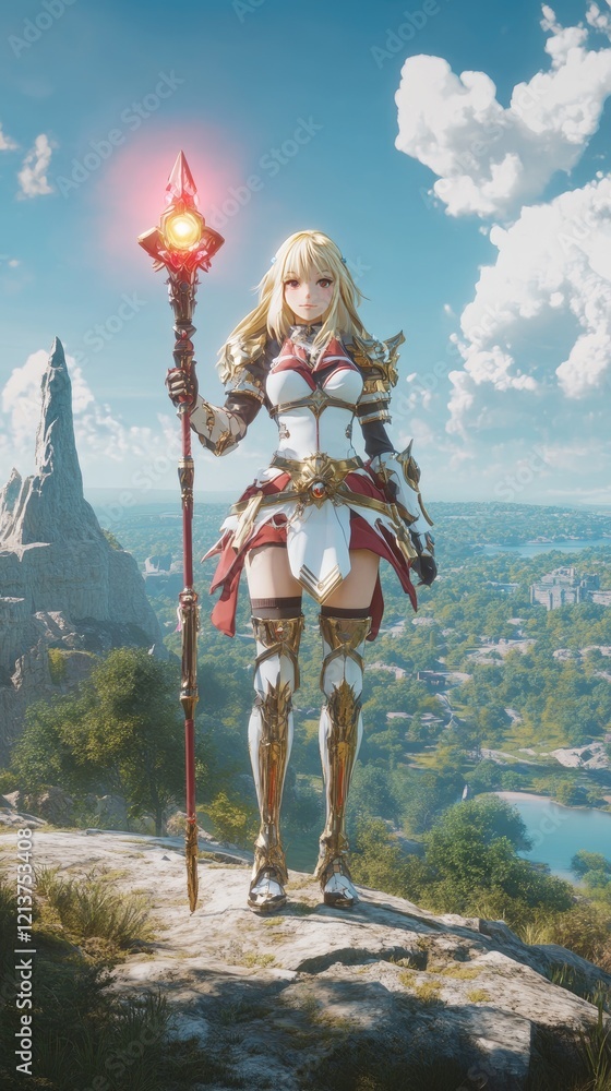Naklejka premium Fantasy Warrior Woman Holds Staff