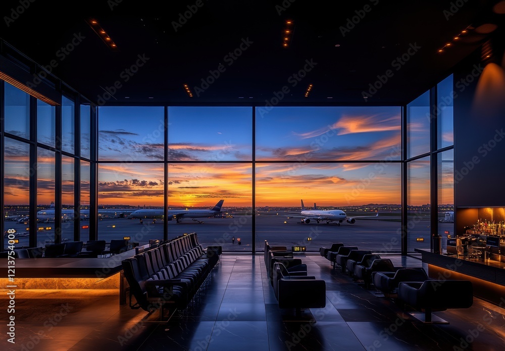 Stunning Sunset View from Modern Airport Lounge Showcasing Airplanes, Sky, and Tranquil Environment for Travelers and Jetsetters Stunning Sunset View from Modern Airport Lounge Showcasing Airplanes, Sky, and Tranquil Environment for Travelers and Jetsetters