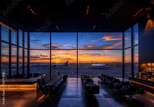 Stunning Sunset View from Modern Airport Lounge Showcasing Airplanes, Sky, and Tranquil Environment for Travelers and Jetsetters photo