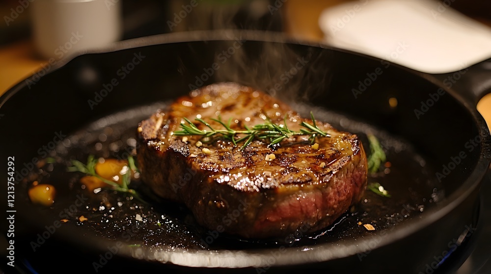 Premium Grilled Beef, Sizzling Steak in a Cast Iron Skillet with Aromatic Garnish Premium Grilled Beef, Sizzling Steak in a Cast Iron Skillet with Aromatic Garnish