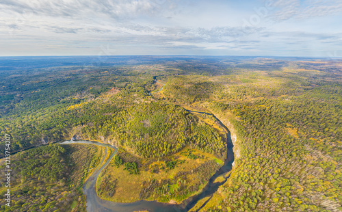 Bazhukovo, Russia. Autumn landscape. Serga River. Deer streams. Nature park in a wooded area, famous for its rich flora. Aerial view photo