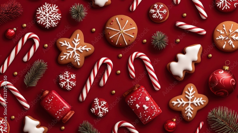 Fototapeta premium Festive holiday treats and decorations on a red background