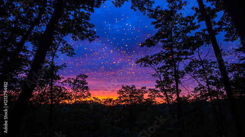 Fototapeta Naklejka Na Ścianę i Meble -  Firefly sunset in forest silhouette.