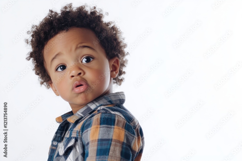 Young child exhibits surprise while posing against a clean white background during a studio photoshoot capturing curious expressions Young child exhibits surprise while posing against a clean white background during a studio photoshoot capturing curious expressions