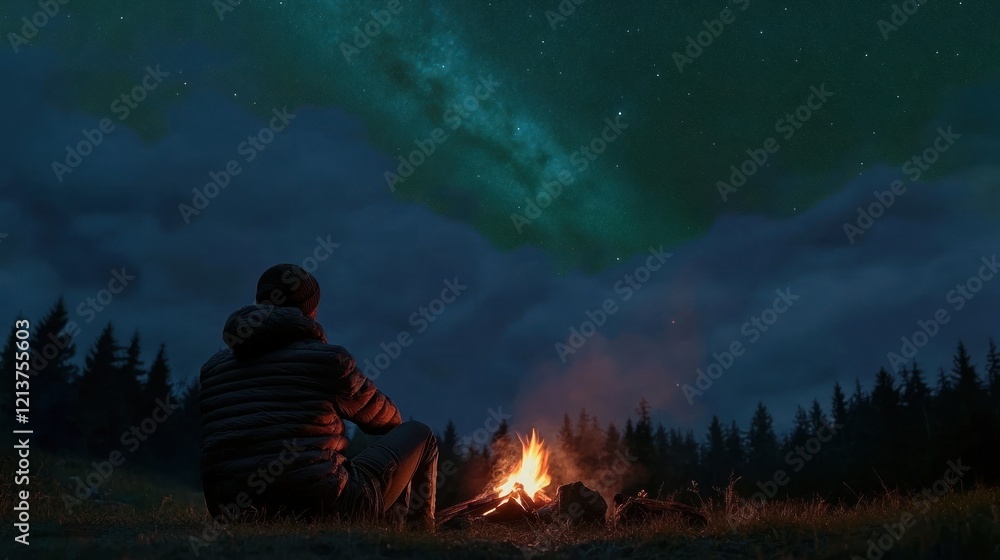 Person sitting by a campfire at night gazing at the beautiful Milky Way and stars Person sitting by a campfire at night gazing at the beautiful Milky Way and stars