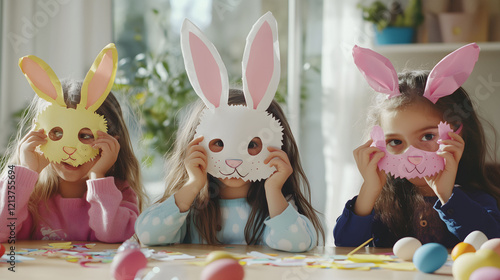 Children Enjoying Easter Arts and Crafts Making Bunny Masks at Home