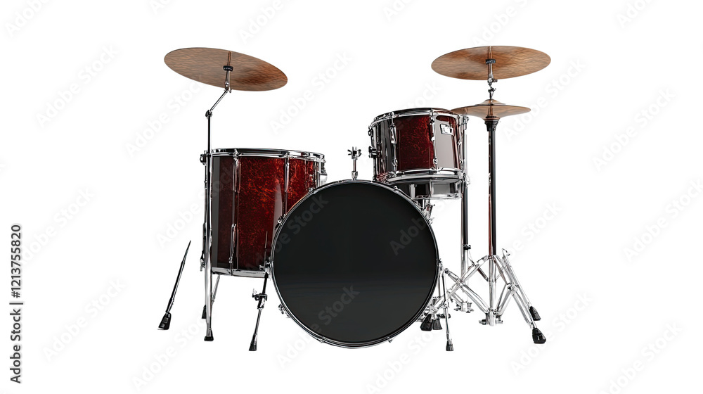 Drum Set Ready to Rock: A classic red drum set with gleaming chrome hardware is poised for a powerful performance. Its bass drum, snare drum. Drum Set Ready to Rock: A classic red drum set with gleaming chrome hardware is poised for a powerful performance. Its bass drum, snare drum.