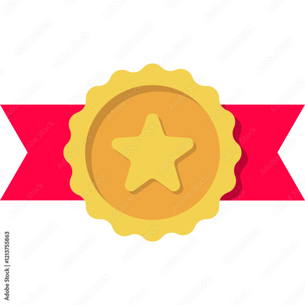 Gold Star Medal with Red Ribbon. Award Icon Gold Star Medal with Red Ribbon. Award Icon