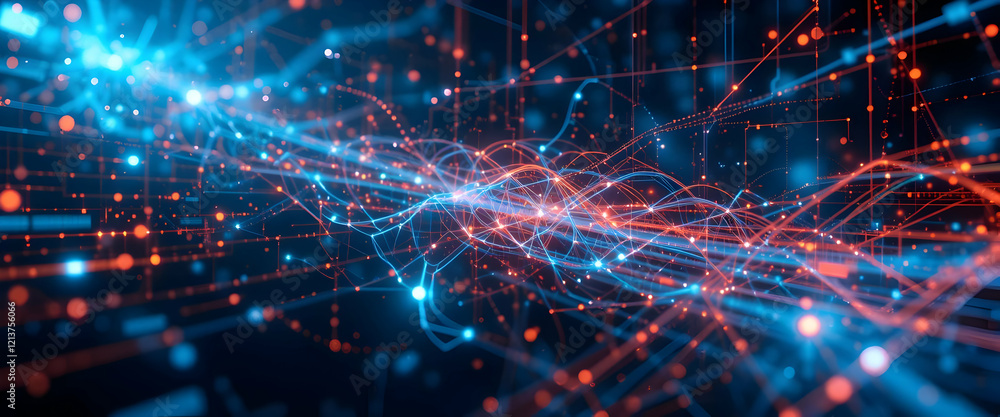 Abstract network connection with glowing lines and dots representing data flow Abstract network connection with glowing lines and dots representing data flow