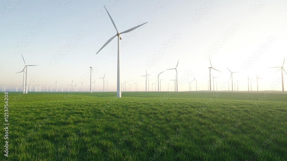 Wind turbines field, sunrise, green grass, energy, renewable Wind turbines field, sunrise, green grass, energy, renewable