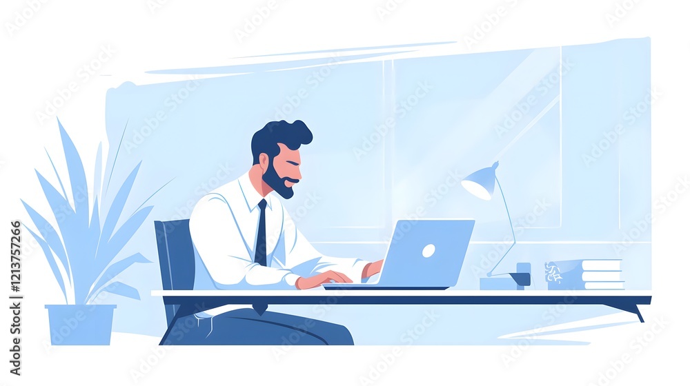 Business professional working with a laptop, illustration of an office setting, ideal for website design banners and landing pages Business professional working with a laptop, illustration of an office setting, ideal for website design banners and landing pages