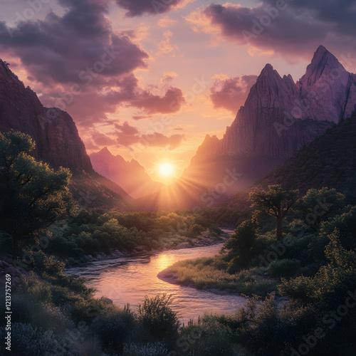 The sun setting behind towering mountain peaks painting the sky in warm pinks and purples with a reflective river winding through the valley ultra HD