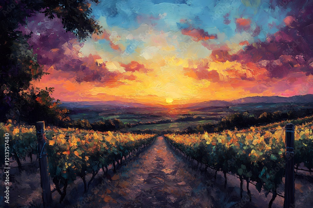 Obraz premium Serene Vineyard Sunset: A Path Through Colorful Rows to the Horizon