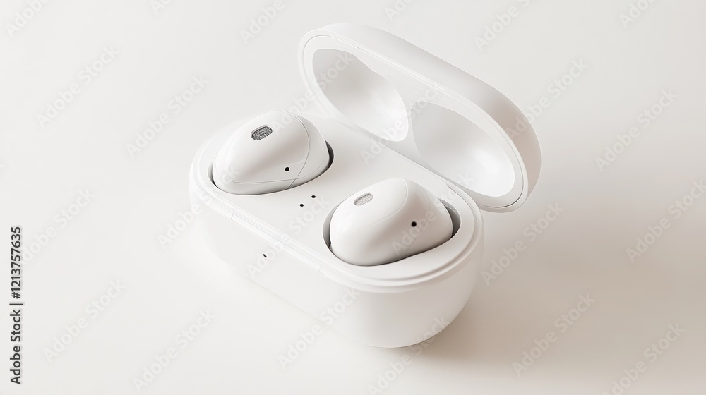 White earbuds charging case, minimalist background, product shot White earbuds charging case, minimalist background, product shot