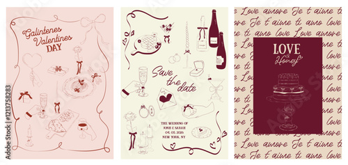 Romantic posters collection witn food, drink, candle and romantic elements. Romantic invitation or greeting cards. Valentines Day, Save the date, Wedding illustration. Editable vector illustration