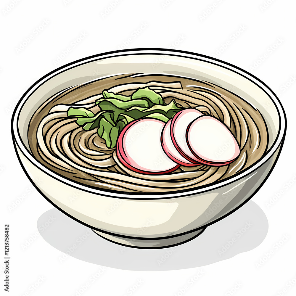 bowl of cold buckwheat noodles with broth, garnished with radish and lettuce bowl of cold buckwheat noodles with broth, garnished with radish and lettuce