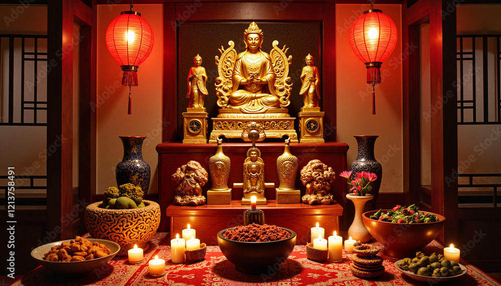Obraz premium Decorated ancestor worship altar in candlelit room, Qingming Festival