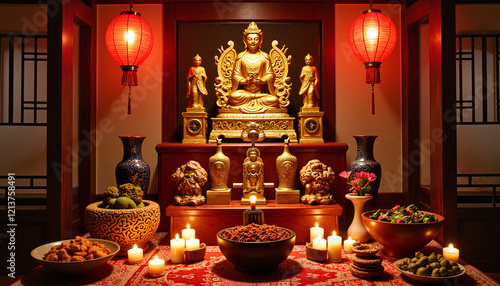 Decorated ancestor worship altar in candlelit room, Qingming Festival