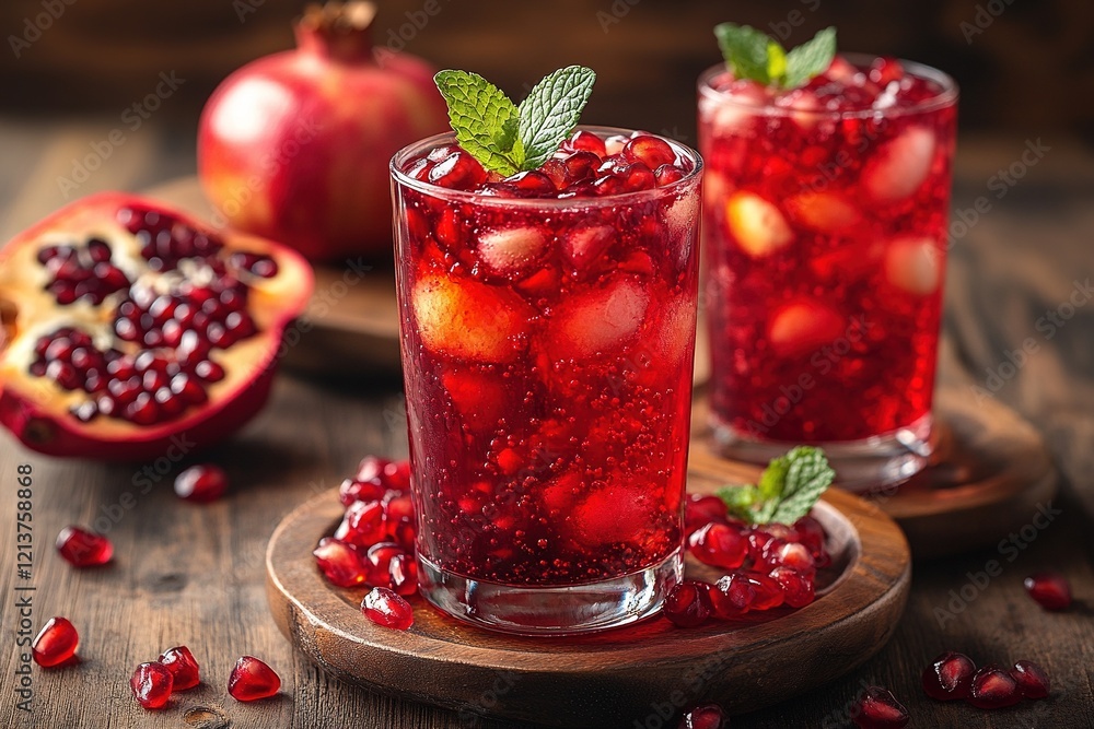 Pomegranate iced drink with mint on wooden table Pomegranate iced drink with mint on wooden table