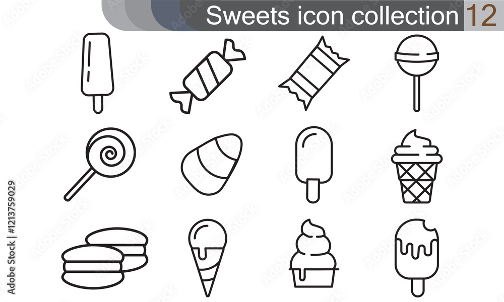 Sweets icon set. Flat style set of 12 sweet vector icons for web isolated on white background Sweets icon set. Flat style set of 12 sweet vector icons for web isolated on white background