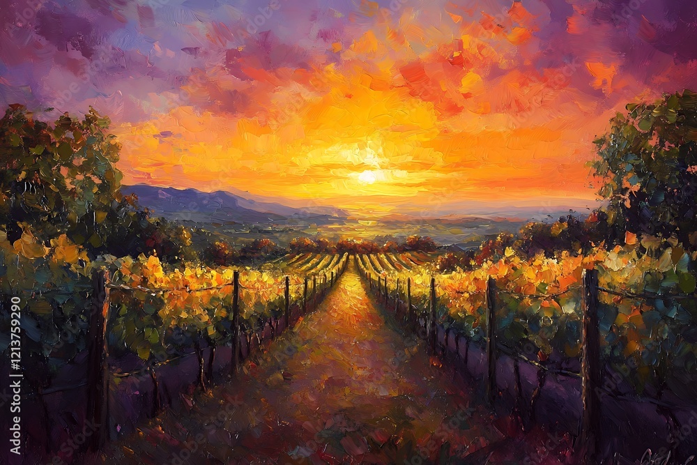 Obraz premium Serene Vineyard Sunset: Golden Light Bathes Rows of Grapevines, Creating a Peaceful and Idyllic Countryside Scene
