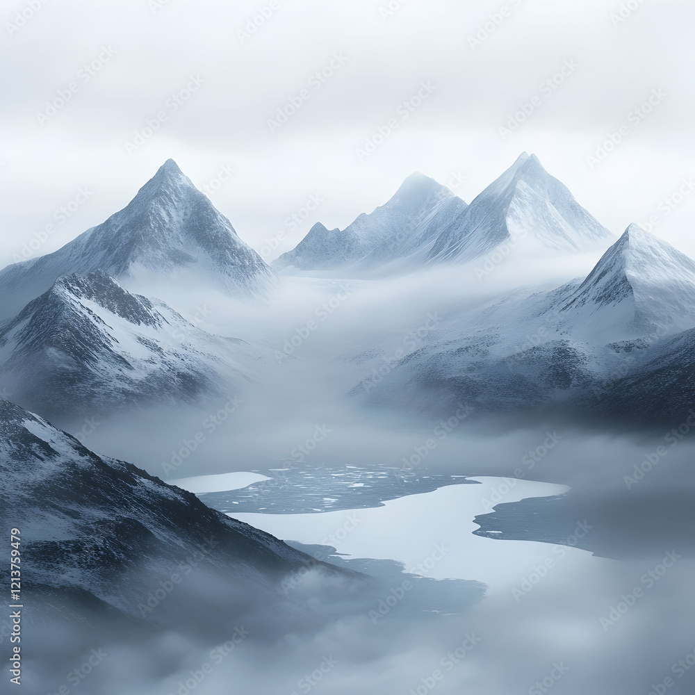 Winter fog covering a range of snow-capped mountains with low visibility and frozen lakes scattered throughout the scene ultra HD Winter fog covering a range of snow-capped mountains with low visibility and frozen lakes scattered throughout the scene ultra HD