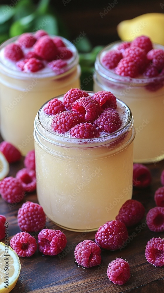 Raspberry lemonade in jars on wood, lemons, mint background Raspberry lemonade in jars on wood, lemons, mint background